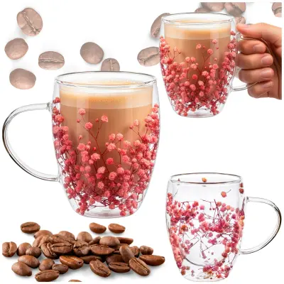 Termo steklenica z dvojno steno, prostornina 300 ml, z rožami, za kavo ali čaj, z držalom.