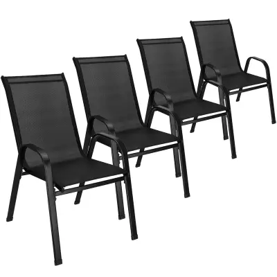 Zunanji stoli za teraso, 4 kosi, iz kovine, dimenzije 92 cm, primerni za balkon ali moderno teraso, v črni barvi, z materialom textilene.