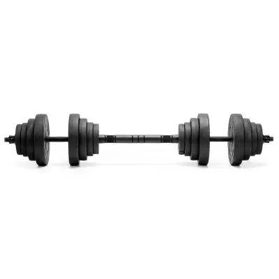 Komplet uteži 30 kg za močnostni trening, vključuje: uteži, šipko, diske, spone in kettlebell za vadbo.