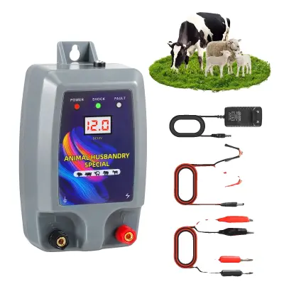 Električni pastir, pulzna napetost 12.000 voltov, 12V 2A napajalnik, učinkovito območje do 15 km, primerno za živino in perutnino