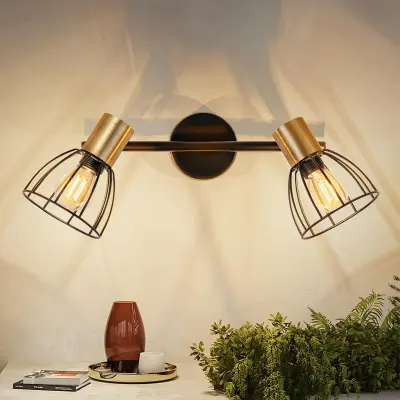 NETTLIFE Stenska stenska svetilka, vintage stenska svetilka, E14 ležišče, črna, 350° vrtljiva, kovinska, za dve svetilki (brez žarnic)