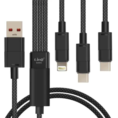LinQ, Kabel USB z Lightning + 2 USB-C 60W Fast Charge z dolžino 1,2 m, Črna