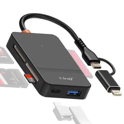 LinQ, Večportno vozlišče USB C + Lightning Vsestranski bralnik kartic OTG, Črna
