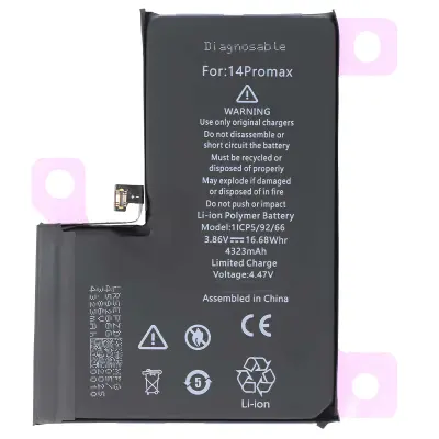 Diagnostična baterija za iPhone 14 Pro Max Li-polimer 3,86 V 4323 mAh 16,68 Wh, Črna