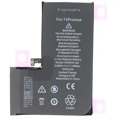 Diagnostična baterija za iPhone 15 Pro Max Li-Polymer 3,86V 4422mAh 17,1Wh, Črna