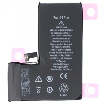 Nadomestna baterija za iPhone 15 Pro Li-polimer 3,87 V 3274 mAh 12,7 Wh, Črna