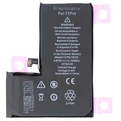 Baterija za iPhone 15 Pro, Li-polimer 3,87 V 3274 mAh, z možnostjo diagnostike 12,7 Wh, Črna