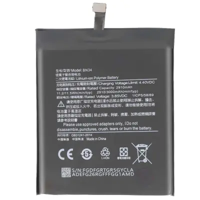 Baterija za pametni telefon Xiaomi Redmi 5A Li-polimer 3,85 V 3000 mAh 11,55 Wh, Črna
