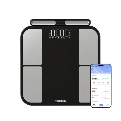 PRIXTON Pametna Kopalniška Tehtnica BC400, 56 Telesnih Meritev, do 200 Uporabnikov, Raztegljivi Elektrode, 180 kg, ITM, Maščoba in Mišična Masa