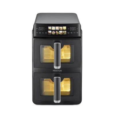 PRIXTON Vertikalni Cvrtnik na Vroč Zrak 10 L z Dvojno Košaro 5 L + 5 L, 2600 W, LED Zaslon na Dotik, 10 Programov, 80–200 °C, Okence in Osvetlite