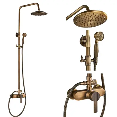 Antik medeninasti tuš sistem, dvojni ročaj, 8-palčni dežni tuš glava, E brez police
