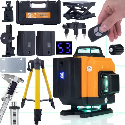 Set ROT16L Laserska Tehtnica 16 Črt, Statív 43-120cm, Elektronski Merilnik V Kovčku | Zelena Luč 532nm, IP54, 5h, 360°