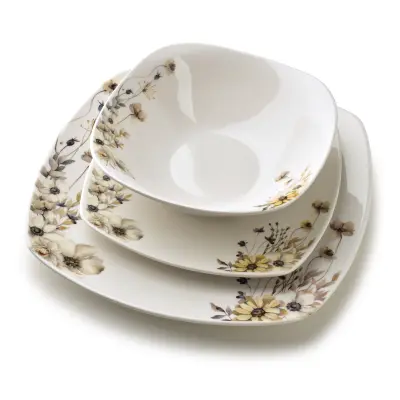Jedilni servis porcelan Lea Prime 24/18 cm + skleda 16,5 cm 500 ml sivo-bež cvetlični 18 kos