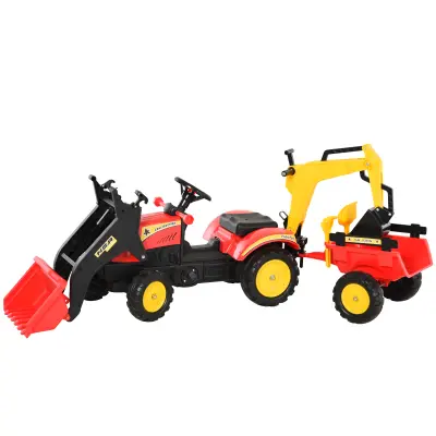 Pedalni traktor s prikolico in sprednjim nakladalnikom 179x42x59 cm rdeč