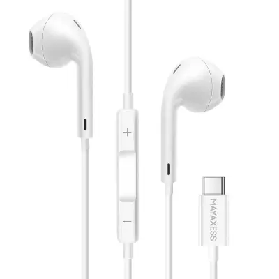 Mayaxess, Žične USB-C slušalke z vgrajenim mikrofonom za iPhone 17 / 17 Pro / 17 Pro Max / 17 Air, Bela