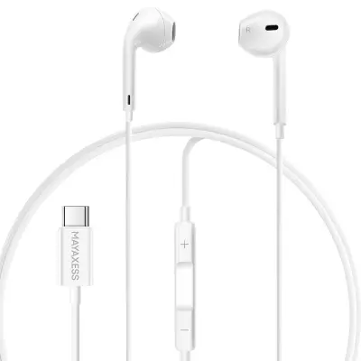 Mayaxess, Žične USB-C slušalke za Samsung Galaxy S25 Ultra z vgrajenim mikrofonom, Bela