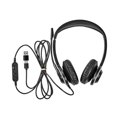 Nedis, PC slušalke na ušesne stereo USB-C z adapterjem USB-A in zložljivim mikrofonom, Črna