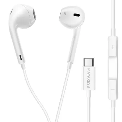 Mayaxess, Žične USB-C slušalke z vgrajenim mikrofonom za Samsung Galaxy S25 Plus, Bela