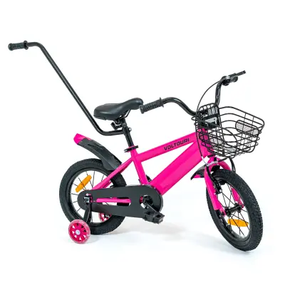 Otroško kolo 14" sivo – jeklen okvir, pomožna LED kolesa, vodilna palica, košara, 3–6 let