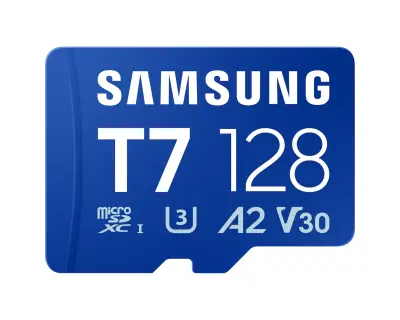 Flash micro SDXC 128GB C10 U3 V30 A2 UHS-I, adapter, Samsung T7 170 MB/s