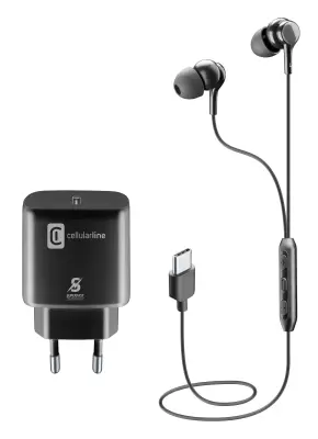 Hitri polnilec CELLULARLINE 25 W + slušalke USB-C z mikrofonom