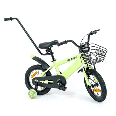 Otroško kolo 14" sivo – jeklen okvir, pomožna kolesa z LED, vodilna palica, košara, 3–6 let