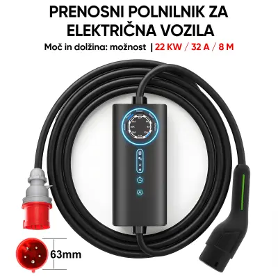 EV polnilni kabel Tip 2 | 22 kW trifazni | 8 m | CEE vtič | Nastavljiv tok 8–32 A | IP67 | Prenosni polnilnik za električne avtomobile