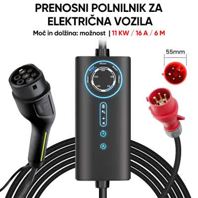 3-Fazni EV Polnilni Kabel Tip 2 – 11 kW, 16 A, Nastavljiv Tok (6/8/10/13/16 A), 16M Dolžina, CEE Vtič, Prenosni Polnilec