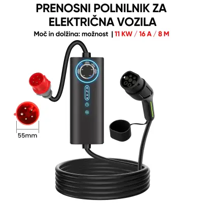 Tip 2 EV električni avtomobilski polnilni kabel – 11 kW, nastavljiv tok 6–16 A, prenosni polnilnik 8 m z vtičem CEE, trifazni, IP67