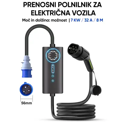 Tip 2 EV električni avtomobilski polnilni kabel – 7 kW, nastavljiv tok, 32 A, prenosni polnilnik 8 m z vtičem CEE, enofazni, IP67