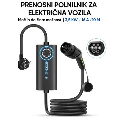 Prenosni Polnilec 10 M s Schuko, Tip 2 EV Polnilni Kabel za Električna Vozila – 1-Fazni 3.5 kW, Nastavljiv Tok (6/8/10/13/16 A)