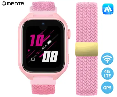 MANTA STELIO JUNIOR PRO AI 4G SWJ102-PK otroška pametna ura, 4G LTE, OpenAI, 1.78" AMOLED zaslon Gorilla Glass, GPS+WIFI+LBS lociranje, video klici