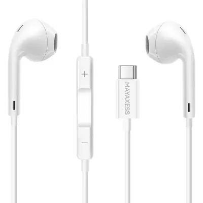 Mayaxess, Žične USB-C slušalke za iPhone 17 Pro Max z vgrajenim mikrofonom, Bela