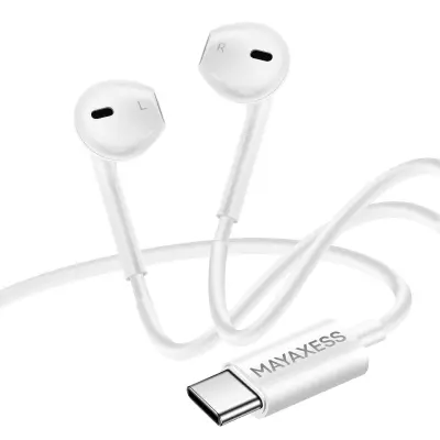 Mayaxess, Žične USB-C slušalke za iPhone 17 z vgrajenim mikrofonom, Bela