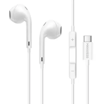 Mayaxess, Žične USB-C slušalke za iPhone 17 Pro z vgrajenim mikrofonom, Bela