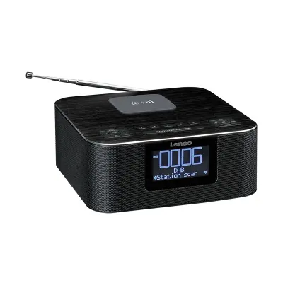 Lenco, DAB+/FM stereo radio budilka z brezžičnim polnjenjem in Bluetoothom, Črna