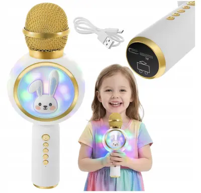 USB aku. 800mAh bluetooth 5.1 SD karaoke mikrofon z zvočnikom RGB LED zajček bel