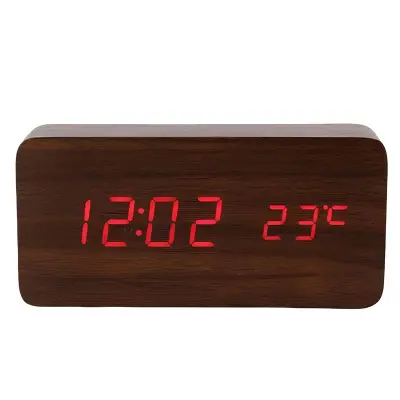 LED svetleča ura z prikazom datuma / časa / temperature, leseni dizajn, Rjava