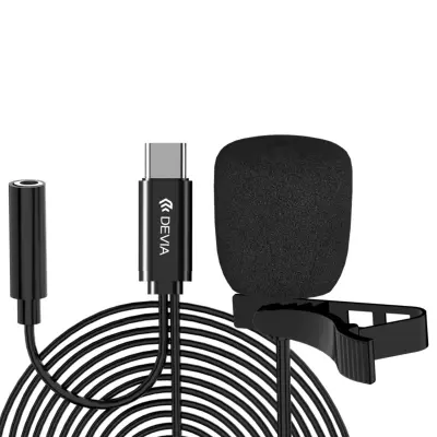 Devia, Žični USB-C mikrofon za ovratnik HD snemanje s sponko in kablom, Črna