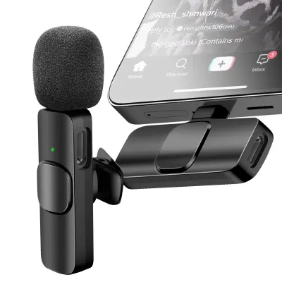 Komplet 2 brezžičnih mikrofonskih ovratnikov USB-C Lightning z zmanjšanjem hrupa, doseg 20m, Črna