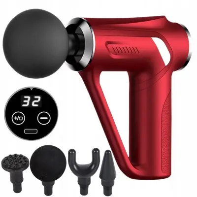 30W aku. masažna pištola LCD za telo 4 glav USB rdeča