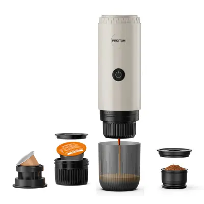 PRIXTON Prenosni Espresso aparat Roma, Mleto Kavo in Kapsulami, 19 barov, Moč 80 W, Rezervoar 80 ml, Samodejni Izklop, Adapterji, Krem barva