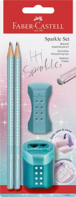 Komplet svinčnik b faber-castell+radirka+šilček sparkle cosmic ocean