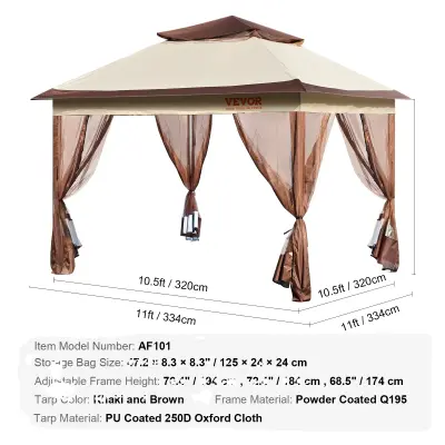 Pop-Up Patio Gazebo, nastavljive višine, 121 kvadratnih čevljev pokritosti, BELE