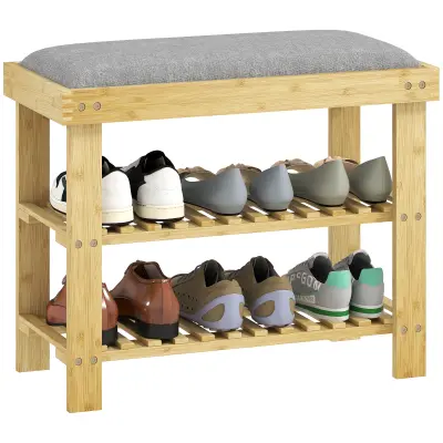 HOMCOM klop za čevlje bambus, poliester 60D x 29Š x 49V cm sivo+naravni les