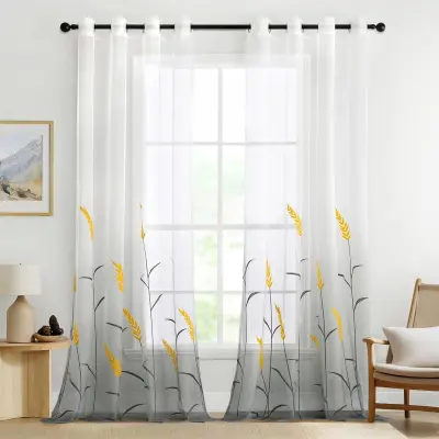 Polprosojne zavese iz voala z vzorcem žita, bela barva, 140 x 245 cm, set 2 kosa, poliester, s kavlji in obročki MIULEE