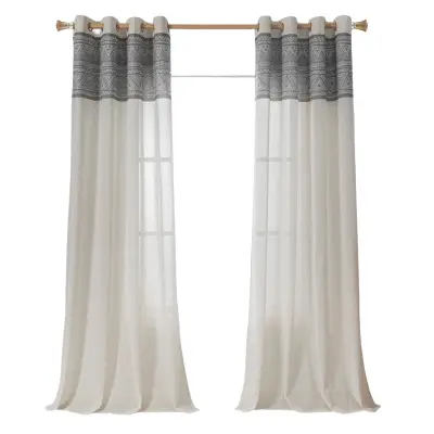 Zavese na obročkih 2 kosa 245x140 cm, polprosojne z videzom lana, žakardni vzorec listov, boho stil, bele barve