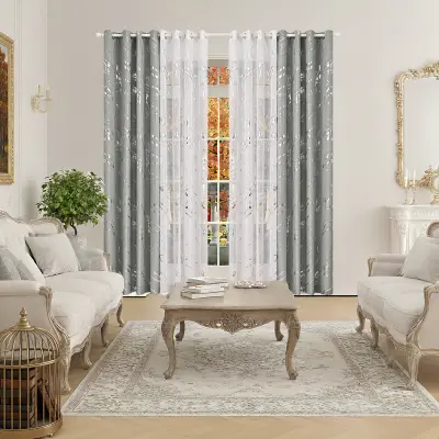 132x213cm Komplet zatemnitvenih zaves s termo srebrnim tiskom - marmorni vzorec Silver+White