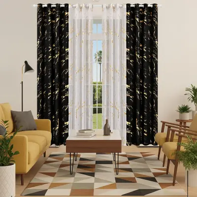 132x213cm Komplet zatemnitvenih zaves s termo srebrnim tiskom - marmorni vzorec Black