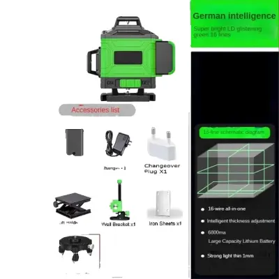 Laser nivo, samonivelirni, 360 horizontalno in vertikalno, Zelená 16 Linija